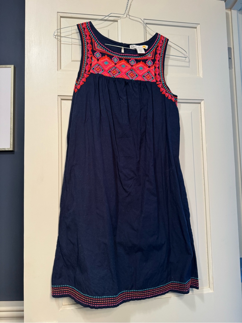 C&C California Navy Sleeveless Top with Pink, Teal & Orange Embroidery